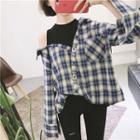 Check Loose-fit Off-shoulder Long-sleeve Blouse