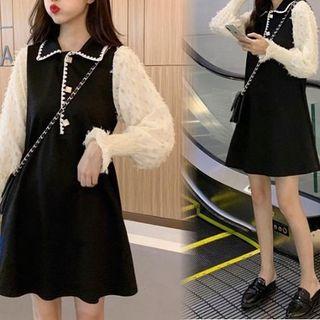 Lantern-sleeve Mini A-line Dress Black - One Size