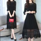 Bell-sleeve A-line Lace Dress Black - One Size