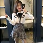 Tie-neck Shirt / Ruffle Hem Mini A-line Tweed Skirt