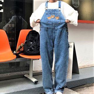 Bear Embroidered Straight-leg Denim Dungaree Pants