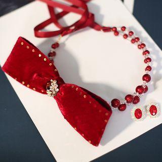 Wedding Bow Velvet Bead Headpiece / Earring / Set