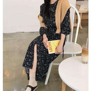 Long-sleeve Chiffon Floral Dress / Plain Sweater