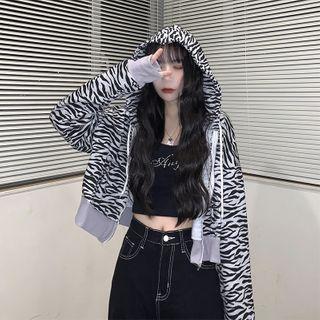 Zebra Print Zip-up Hooded Jacket