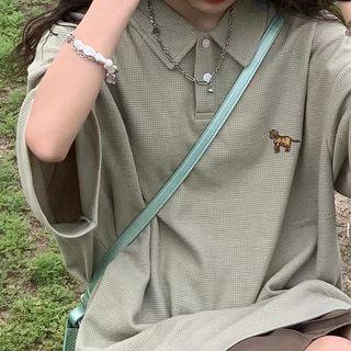 Short-sleeve Waffle Lapel Puppy Embroidered Polo Shirt