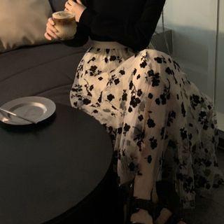 Cold-shoulder Knit Top / Floral Mesh Midi A-line Skirt