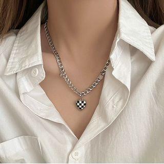 Heart Check Resin Pendant Stainless Steel Necklace Silver - One Size