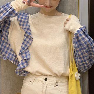 Asymmetric Gingham Ruffle Trim Knit Top Almond - One Size