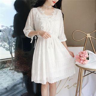 Set: Elbow-sleeve Perforated A-line Dress + Spaghetti Strap Dress