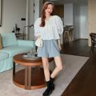 Puff-sleeve Lace Blouse / Plain Loose-fit Shorts