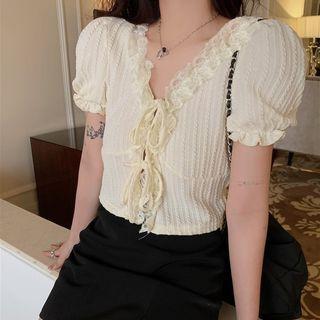 Puff-sleeve Lace Trim V-neck Top Almond - One Size