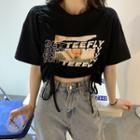 Lettering Print Drawstring Cropped T-shirt