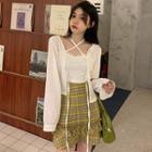Lace Trim Ruched Camisole Top / Long-sleeve Tie-strap Cropped Cardigan / Ruffle Trim Plaid Mini Skirt