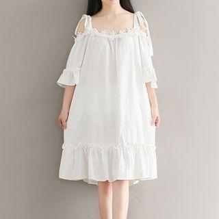 3/4-sleeve Flower Trim Cold Shoulder A-line Dress