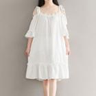 3/4-sleeve Flower Trim Cold Shoulder A-line Dress