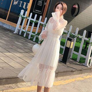 Embroidered Long-sleeve Sheer Midi Dress