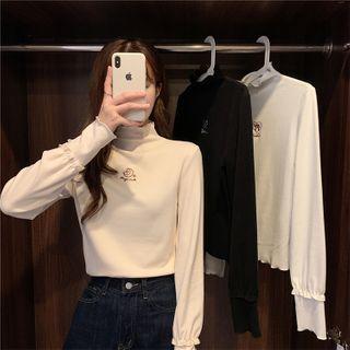 Semi High-neck Ruffled Embroidered Top