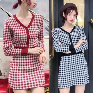 Set: Checked Knit Top + A-line Skirt
