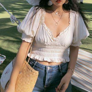 Puff-sleeve Shirred Plunge-neck Crop Top