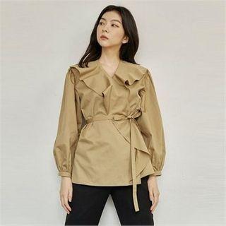 Ruffle-trim Tie-waist Blouse Beige - One Size