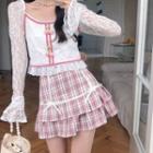 Lace Panel Cherry Accent Crop Top / Plaid Mini A-line Skirt