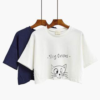 Cat Print Short-sleeve Crop Top