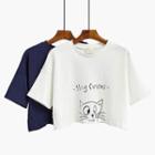 Cat Print Short-sleeve Crop Top