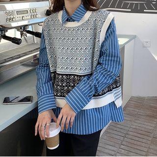 Striped Shirt / Print Sweater Vest