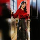 Bell-sleeve Blouse/ Heart Embroidered Maxi A-line Skirt/ Set