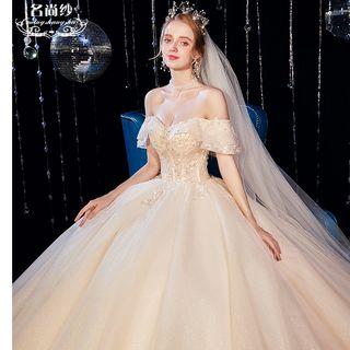Off-shoulder Floral Embroidered A-line Wedding Gown