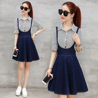Set: Elbow-sleeve Striped Shirt + Denim Jumper Dress