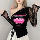 Long-sleeve Cold-shoulder Print Lace Panel Asymmetrical T-shirt