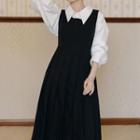 Set: 3/4-sleeve Shirt + Pleated Midi A-line Overall Dress