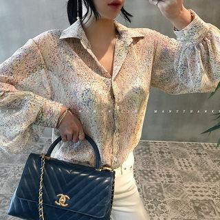 Balloon-sleeve Patterned Chiffon Shirt