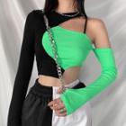 Long-sleeve Two-tone Cropped Asymmetrical Top