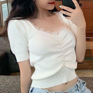 Lace Trim Shirred Cropped Knit Top