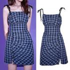 Spaghetti Strap Plaid Shirred Bodycon Dress