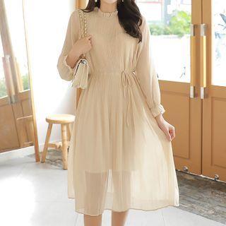 Frill-neck Pleated Long Chiffon Dress