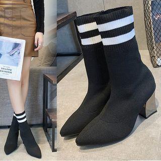 Knit Panel Pointed Toe Block Heel Boots