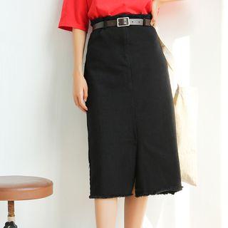 Frayed Hem Midi Skirt