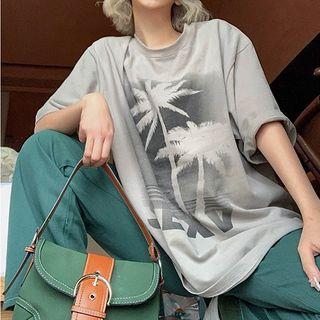 Elbow-sleeve Coconut Tree Print T-shirt