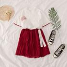 Set: Contrast-trim Cat Embroidered Top + Pleated Skirt As Shown In Figure - One Size