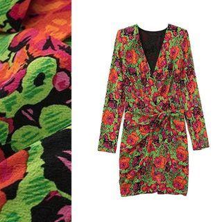 Long Sleeve Rose Print Knot Mini Dress