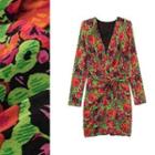 Long Sleeve Rose Print Knot Mini Dress
