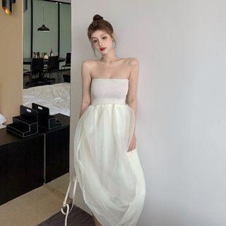 Asymmetric Mesh Overlay Strapless Midi Dress Milky White - One Size
