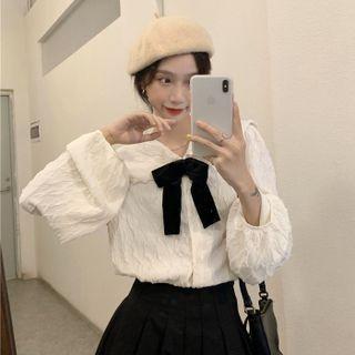 Long-sleeve Collared Bow Blouse White - One Size