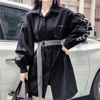 Lettering Balloon-sleeve Shirtdress With Striped Belt