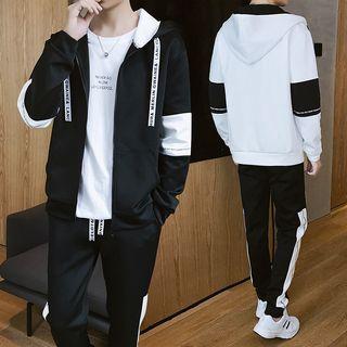 Set: Lettering Hooded Two-tone Jacket + Jogger Pants