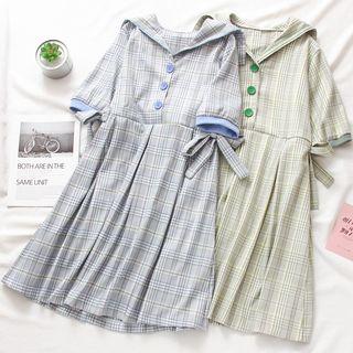 Elbow-sleeve Plaid Wide Collar Dress