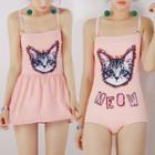 Set: Cat Print Swimsuit + Swim Skirt